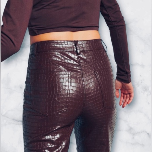🆕Dark Brown Straight Leg Faux Leather Pants with Crocodile Finish - Picture 5 of 14